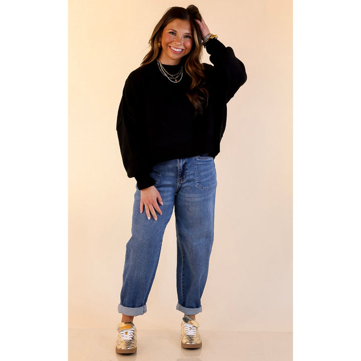 Fireside Fit Cropped Long Sleeve Mock Neck Sweater in Black