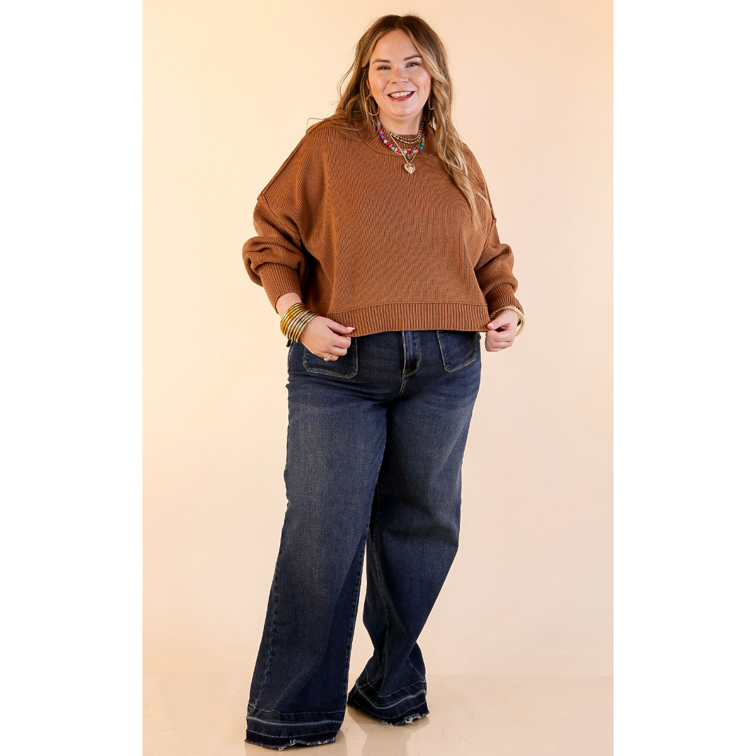 Fireside Fit Cropped Long Sleeve Mock Neck Sweater in Camel Brown