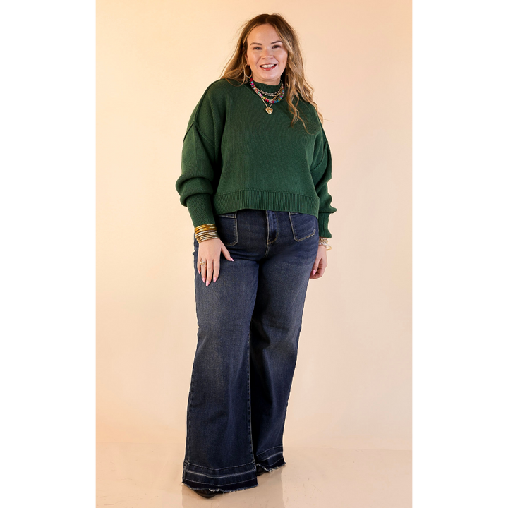 Fireside Fit Cropped Long Sleeve Mock Neck Sweater in Forest Green