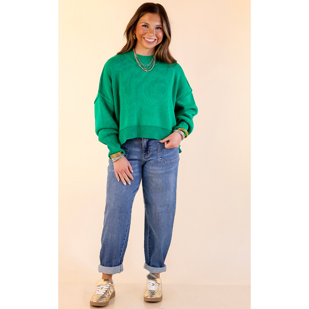 Fireside Fit Cropped Long Sleeve Mock Neck Sweater in Kelly Green