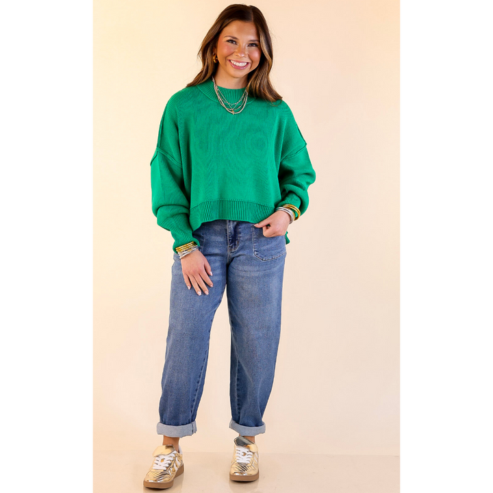 Fireside Fit Cropped Long Sleeve Mock Neck Sweater in Kelly Green