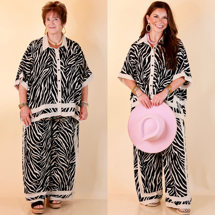 First Class Chic Button Front Collared Top with Matching Wide Leg Pants Set in Black and Ivory Zebra Print