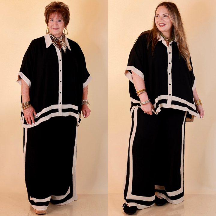 First Class Chic Button Front Collared Top with Matching Wide Leg Pants Set in Black and Ivory