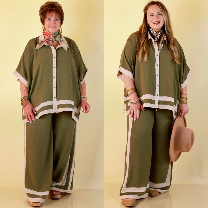 First Class Chic Button Front Collared Top with Matching Wide Leg Pants Set in Olive Green and Ivory