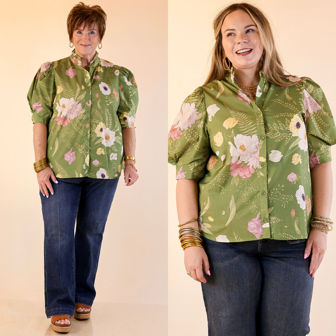 Models are wearing button up puff sleeve floral print top in olive green with jeans against a beige background