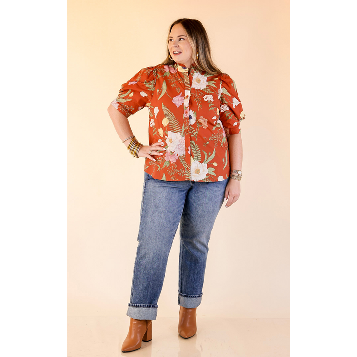 First Glance Button Up Puff Sleeve Floral Print Top in Rust Orange