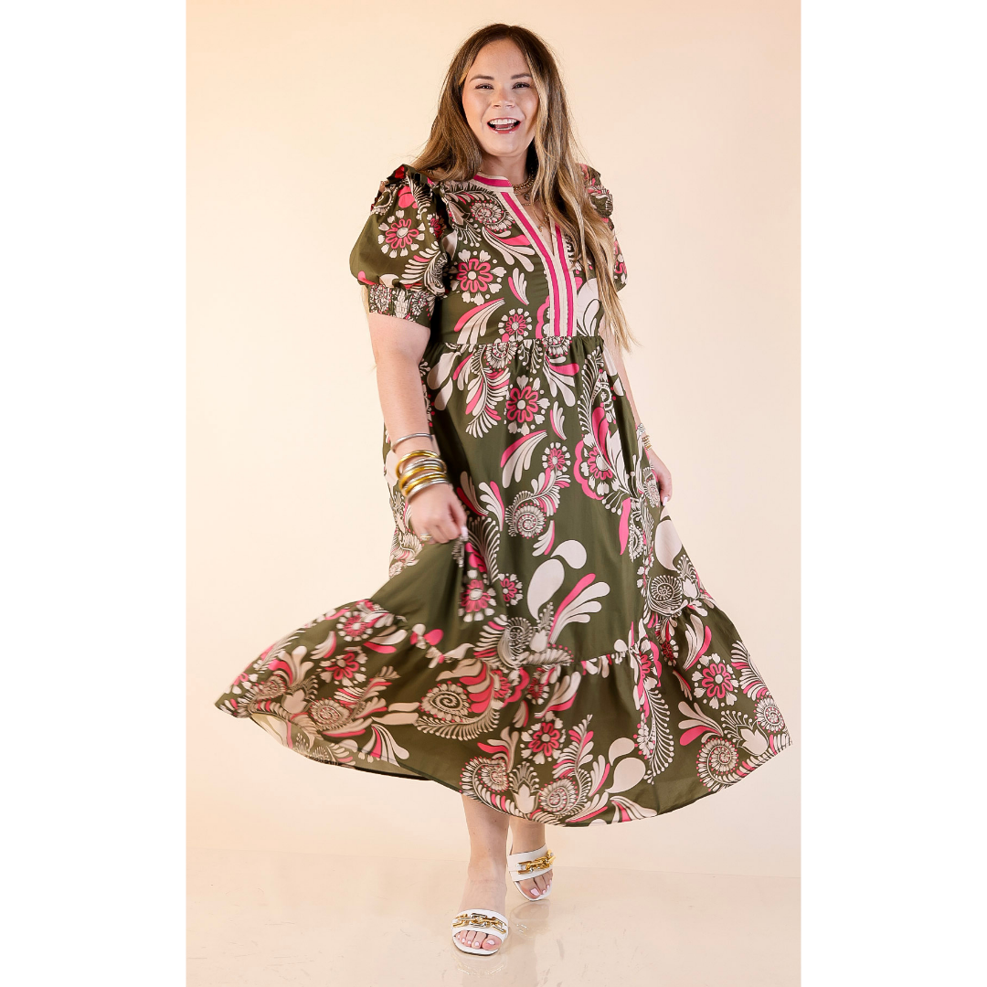 Midi Dress with Puff Sleeves and Tiered Skirt in Olive with Pink L Midi Dress with Puff Sleeves and Tiered Skirt in Olive with Pink L