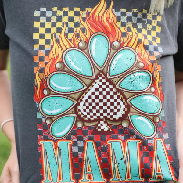 T-shirt with a colorful design featuring flames and the word &