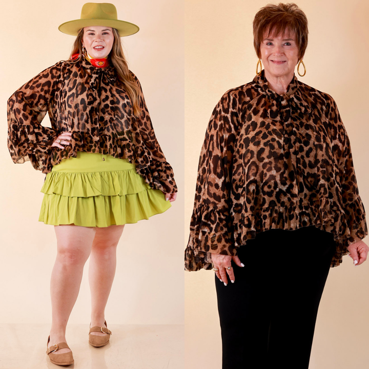Flirt Factor Long Sleeve Sheer Blouse with Bell Sleeves and Ruffle Detailing and Tie Collar in Leopard Print