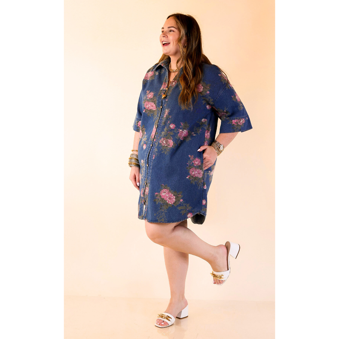 Flirting with Florals Floral Denim Shirt Dress with Gold Button Detail in Classic Blue Denim