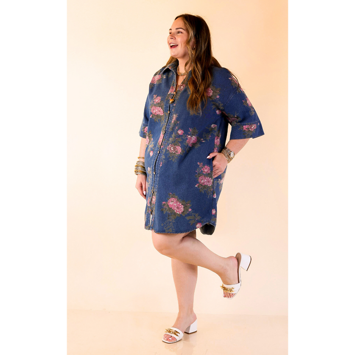 Flirting with Florals Floral Denim Shirt Dress with Gold Button Detail in Classic Blue Denim
