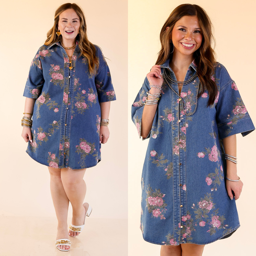 Women wearing a denim floral dress on a beige background