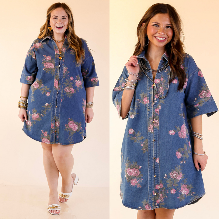 Women wearing a denim floral dress on a beige background