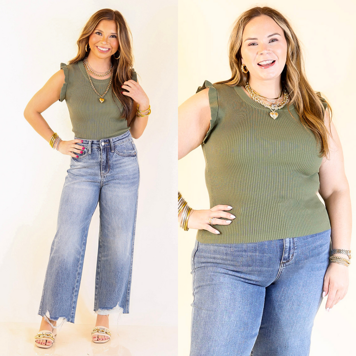 Two images of a woman olive green ruffle sleeve top and blue jeans against a white background.