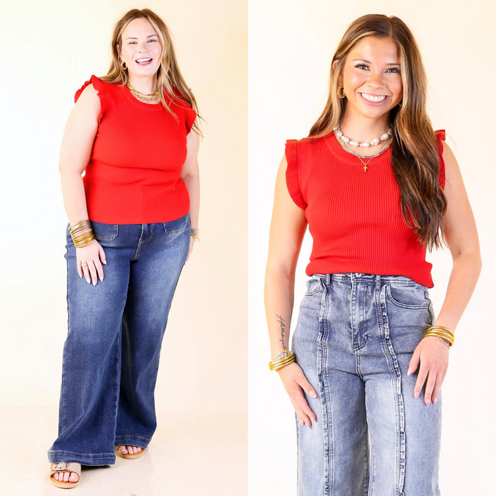 Made from a soft, ribbed fabric, this crew neck cutie features playful ruffled sleeves for just the right touch of charm. Sizes small through large.