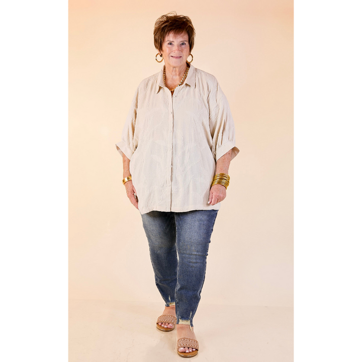 Flirty in Floral Textured Floral Print Button Up Collared Blouse in Cream