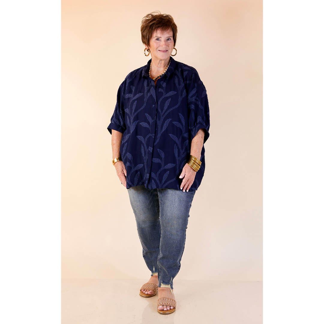 Flirty in Floral Textured Floral Print Button Up Collared Blouse in Navy Blue