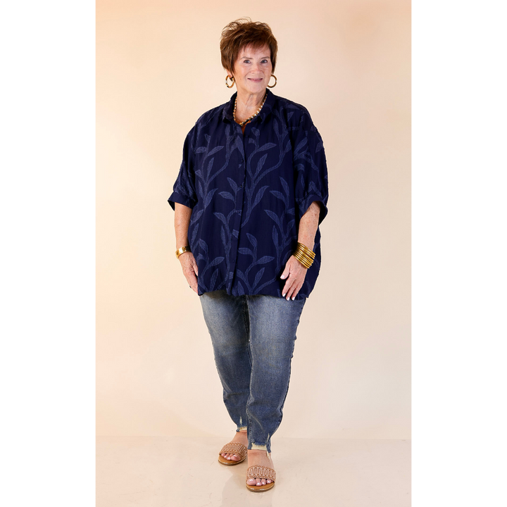 Flirty in Floral Textured Floral Print Button Up Collared Blouse in Navy Blue