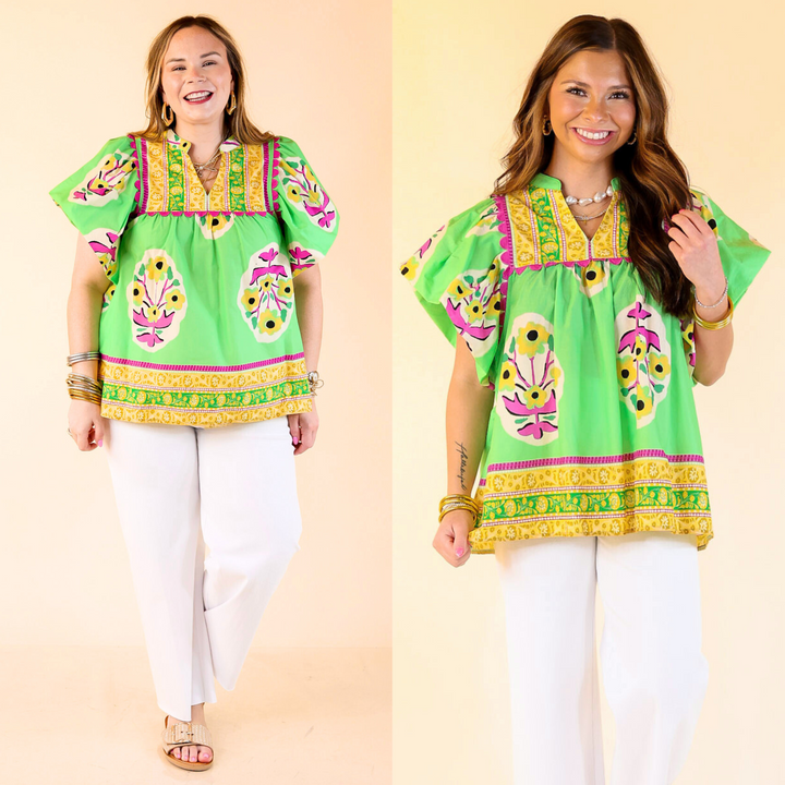 The Floral Blush Top is a sweet short-sleeve shirt in soft green with mixed floral patterns and a playful purple rickrack trim.  Sizes small through large. 