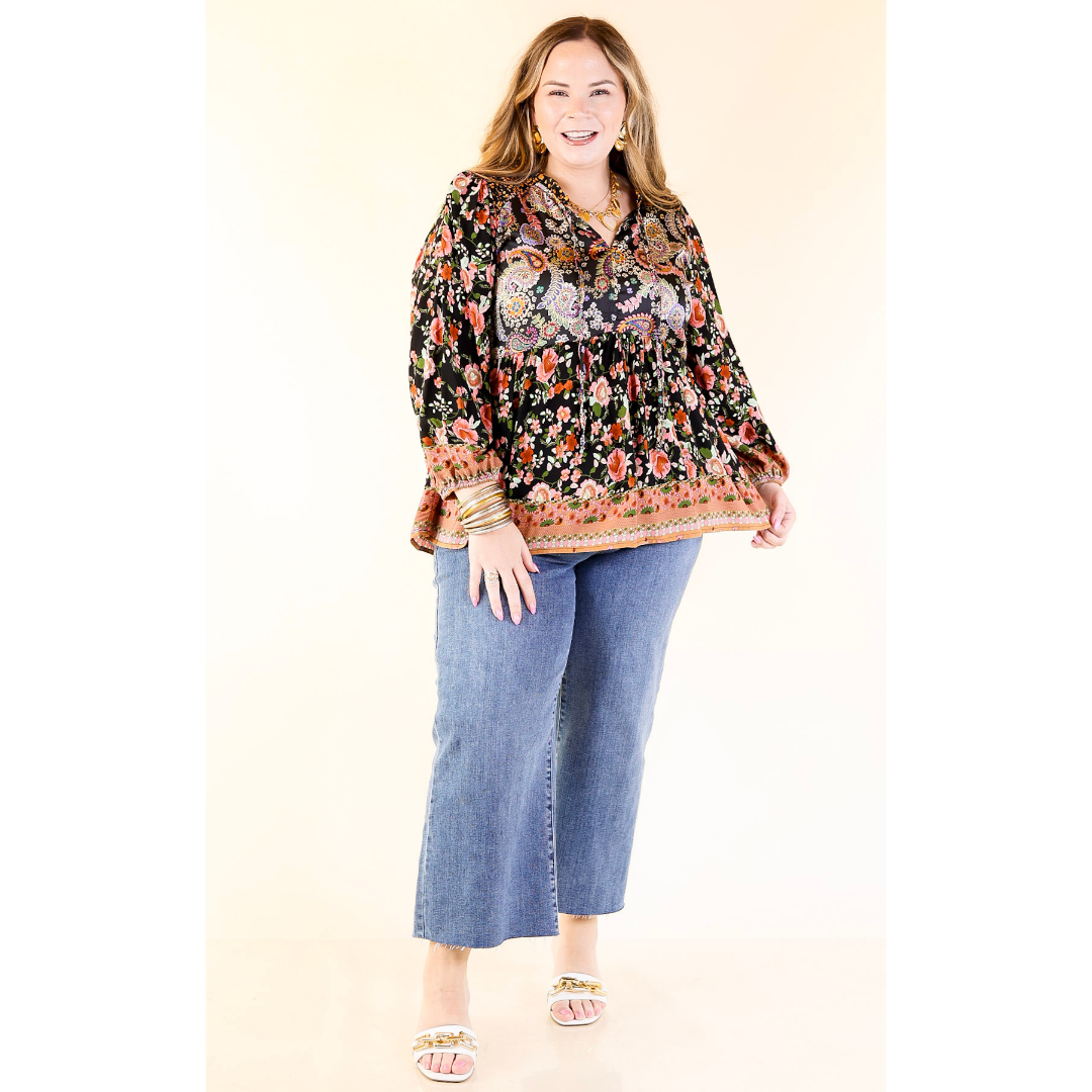 Floral Fusion Long Sleeve Floral Print Top in Black