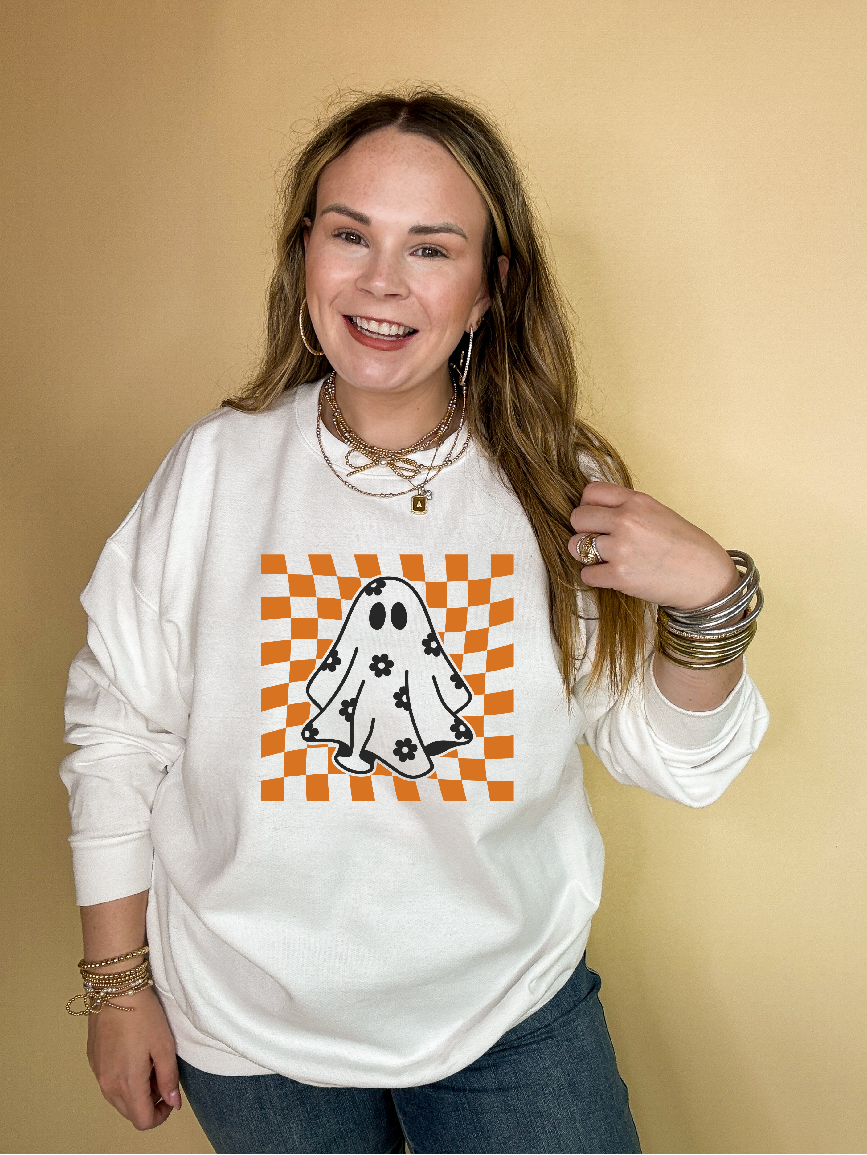 Online Exclusive | Floral Ghost Graphic Sweatshirt with Orange and White Checkered Background in Multiple Color Options