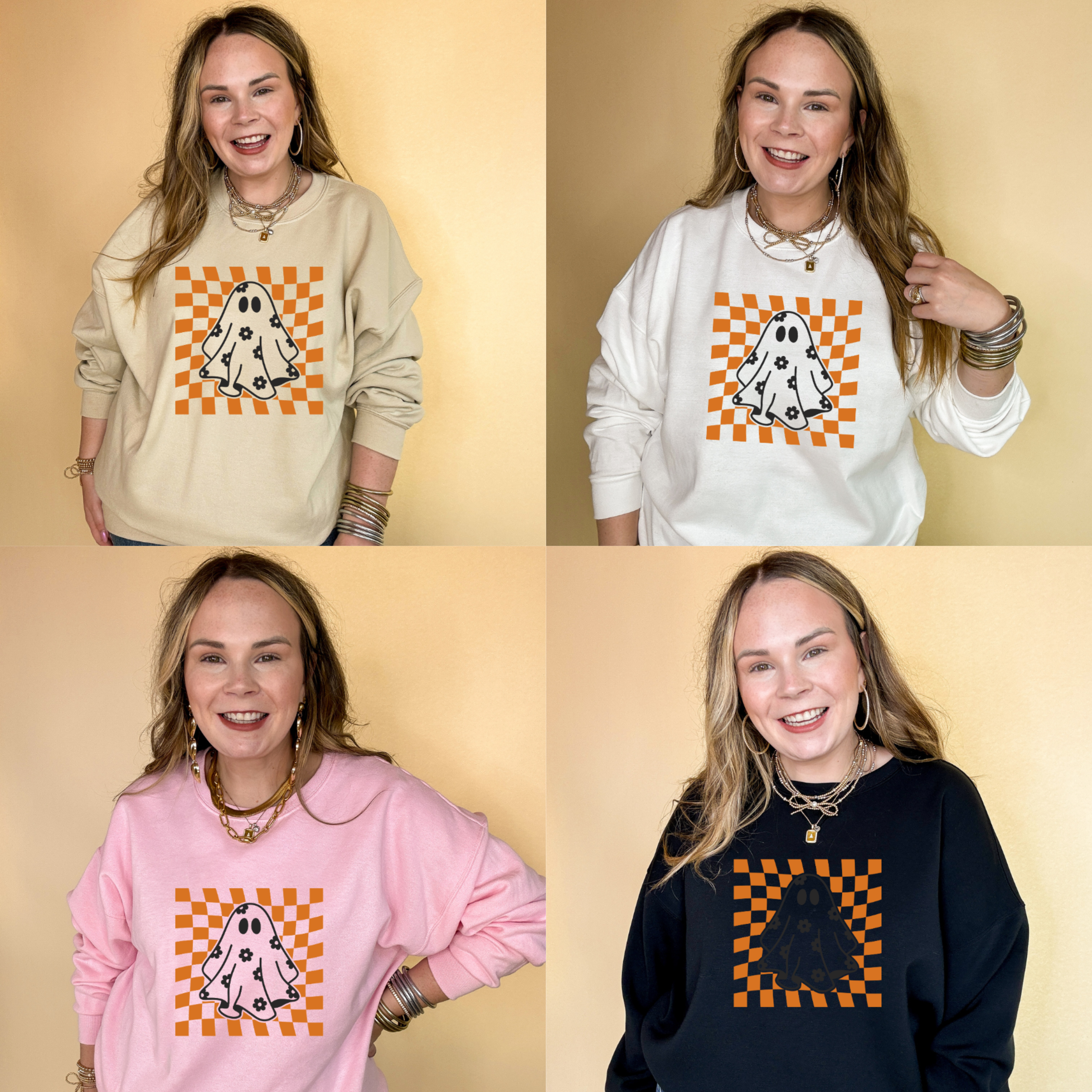 Online Exclusive | Floral Ghost Graphic Sweatshirt with Orange and White Checkered Background in Multiple Color Options