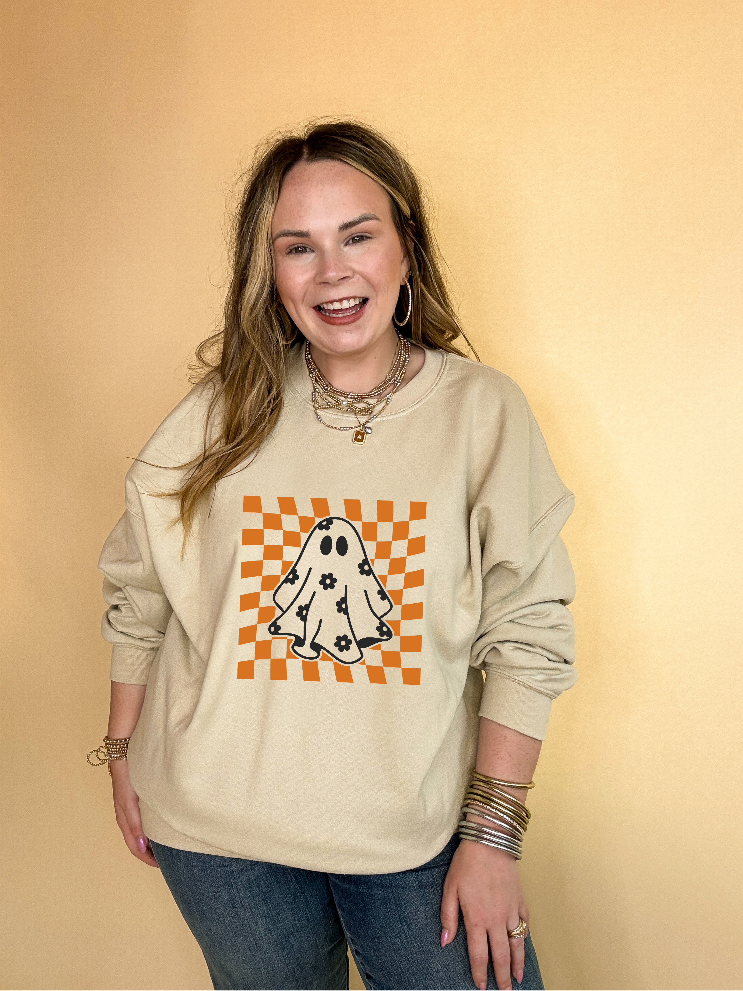 Online Exclusive | Floral Ghost Graphic Sweatshirt with Orange and White Checkered Background in Multiple Color Options