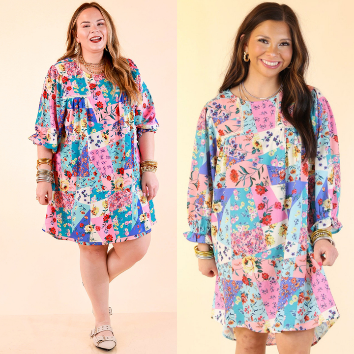 Floral Paradise Floral Patch Pattern Dress in Blue and Pink