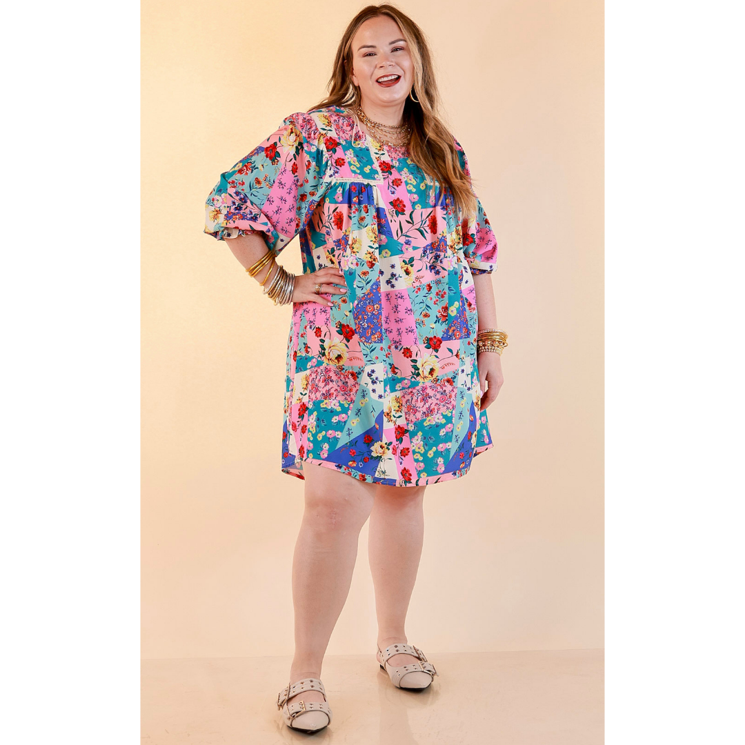 Floral Paradise Floral Patch Pattern Dress in Blue and Pink