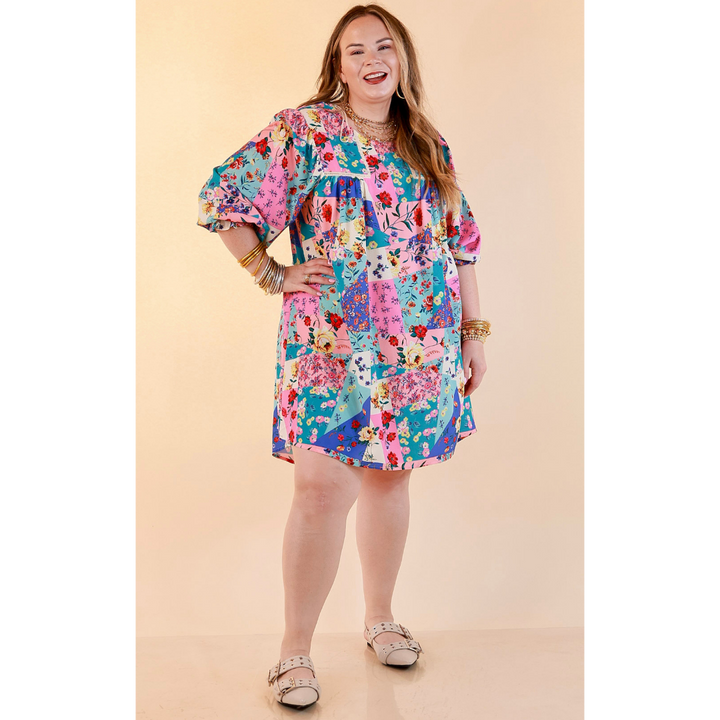 Floral Paradise Floral Patch Pattern Dress in Blue and Pink
