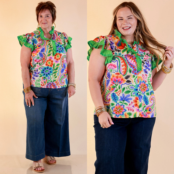 Flourish and Flow Paisley Floral Print Ruffle Flutter Sleeve Top with Split Neckline in Cream