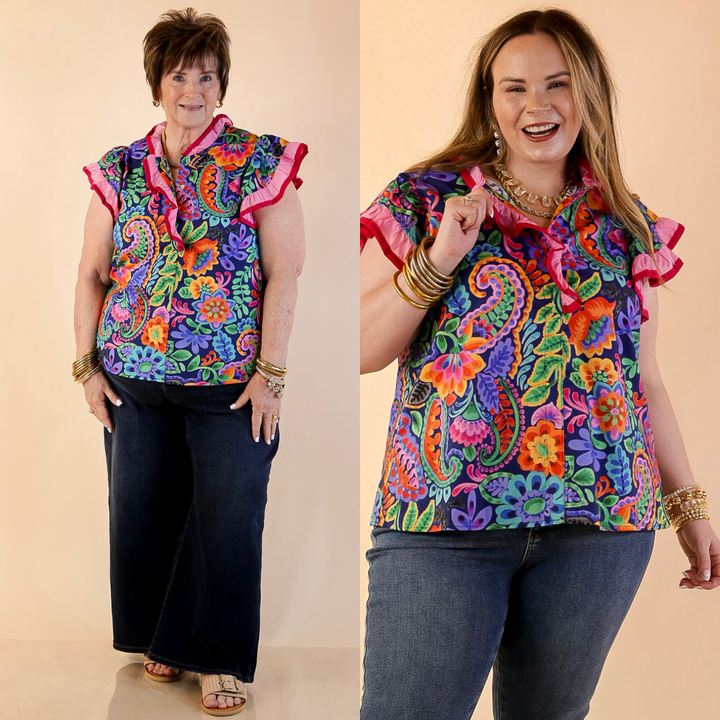 Flourish and Flow Paisley Floral Print Ruffle Flutter Sleeve Top with Split Neckline in Navy Blue