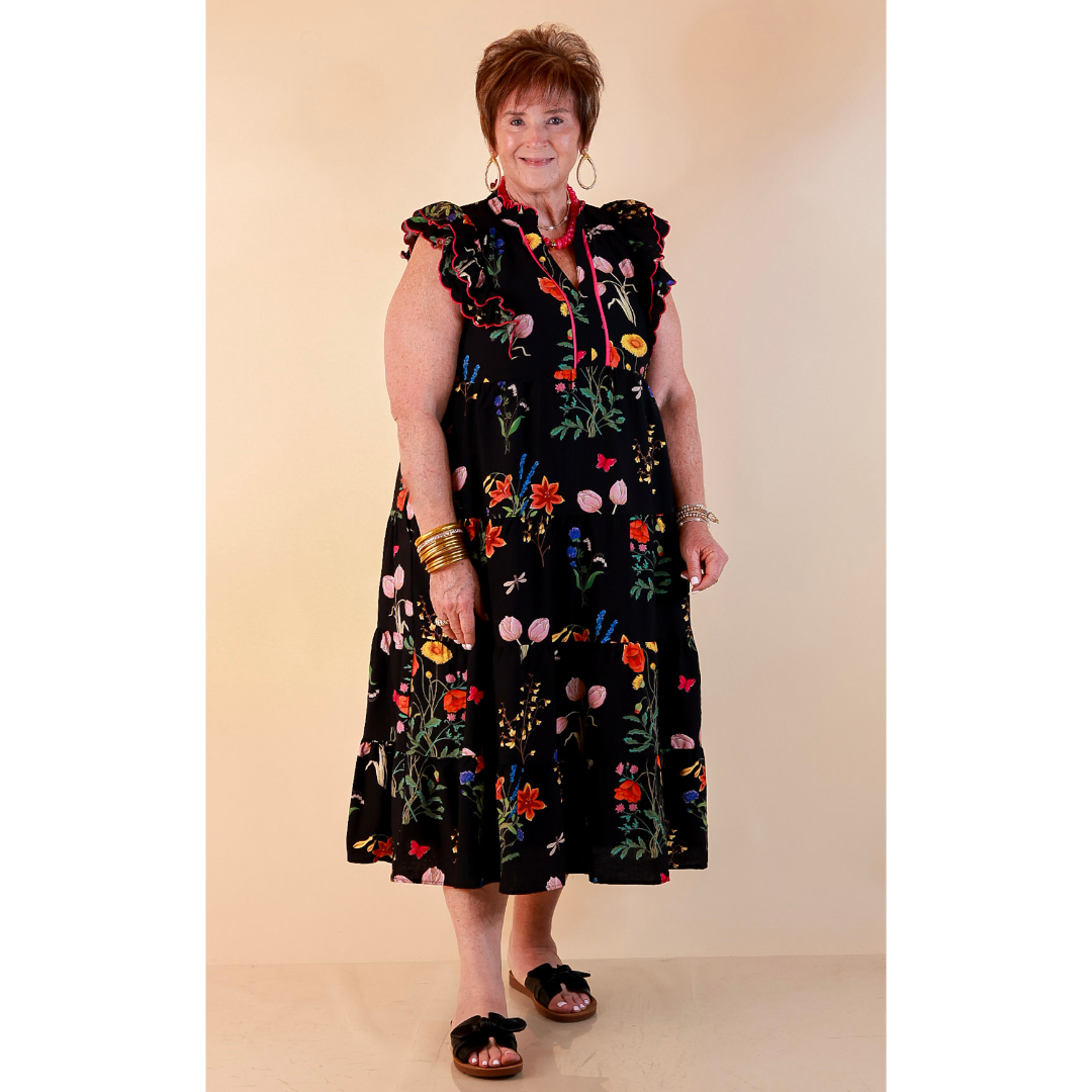 Flourishing Charm Floral Ruffle Cap Sleeve Tiered Midi Dress in Black