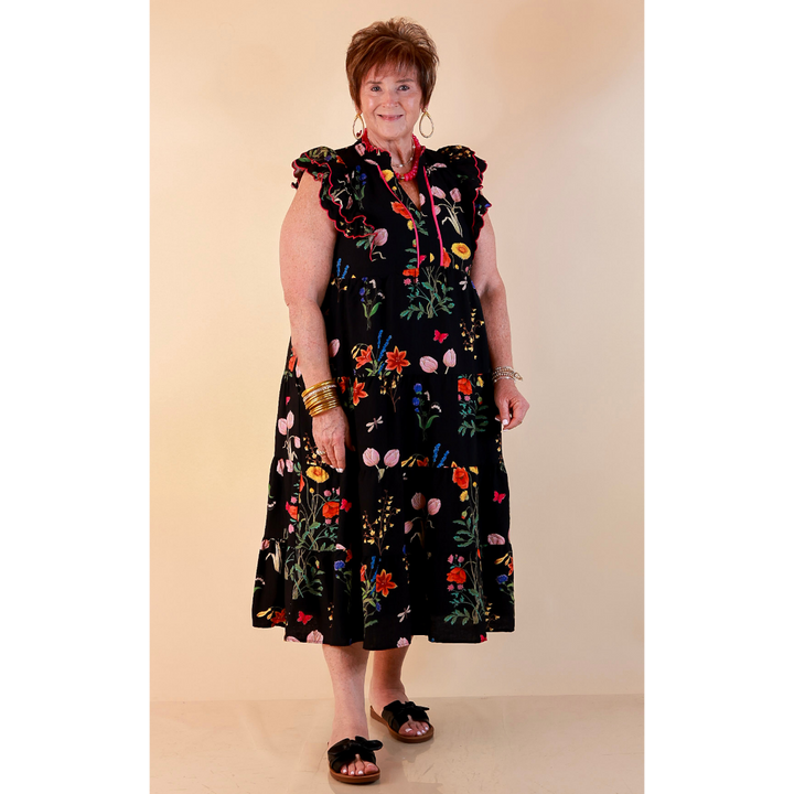 Flourishing Charm Floral Ruffle Cap Sleeve Tiered Midi Dress in Black