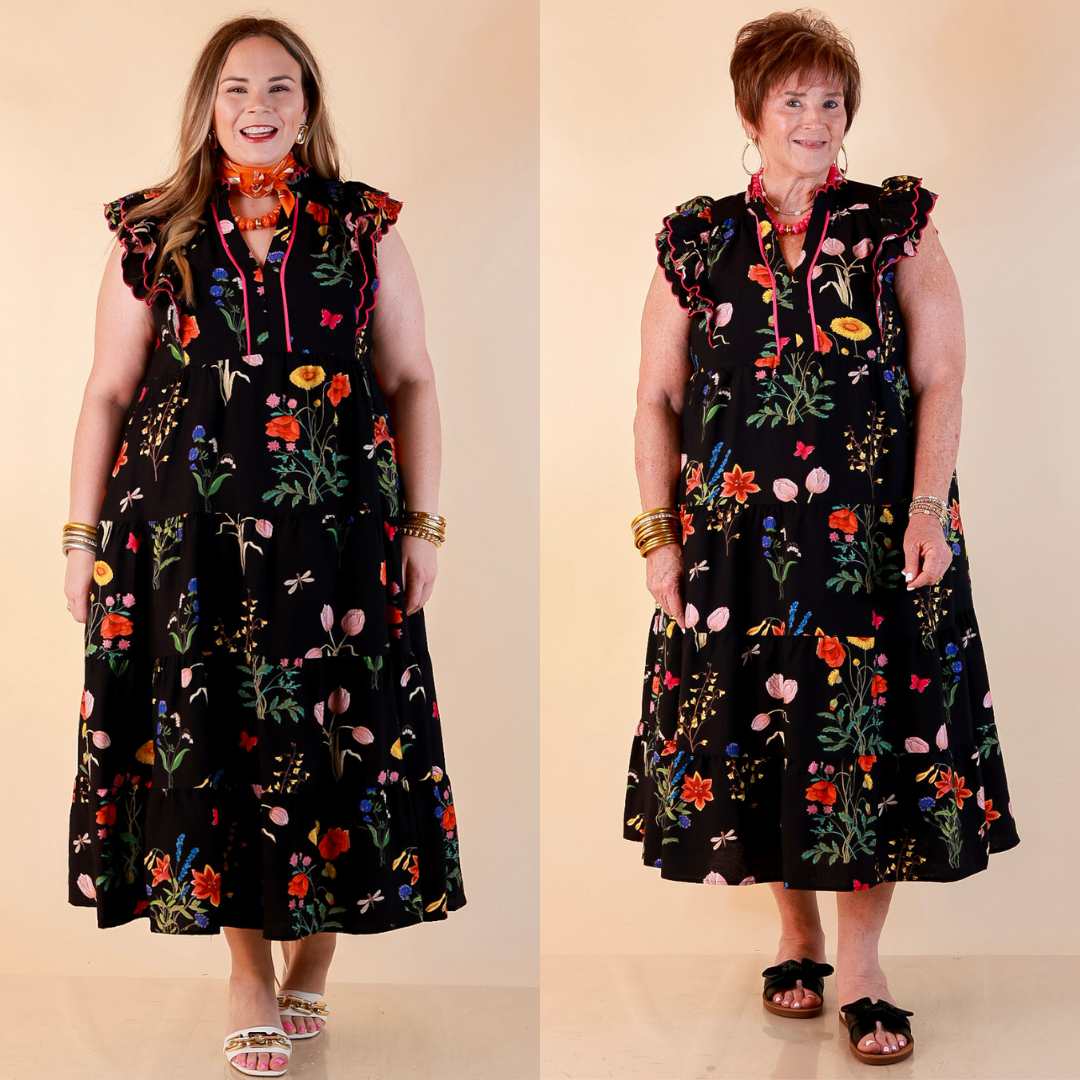 Flourishing Charm Floral Ruffle Cap Sleeve Tiered Midi Dress in Black