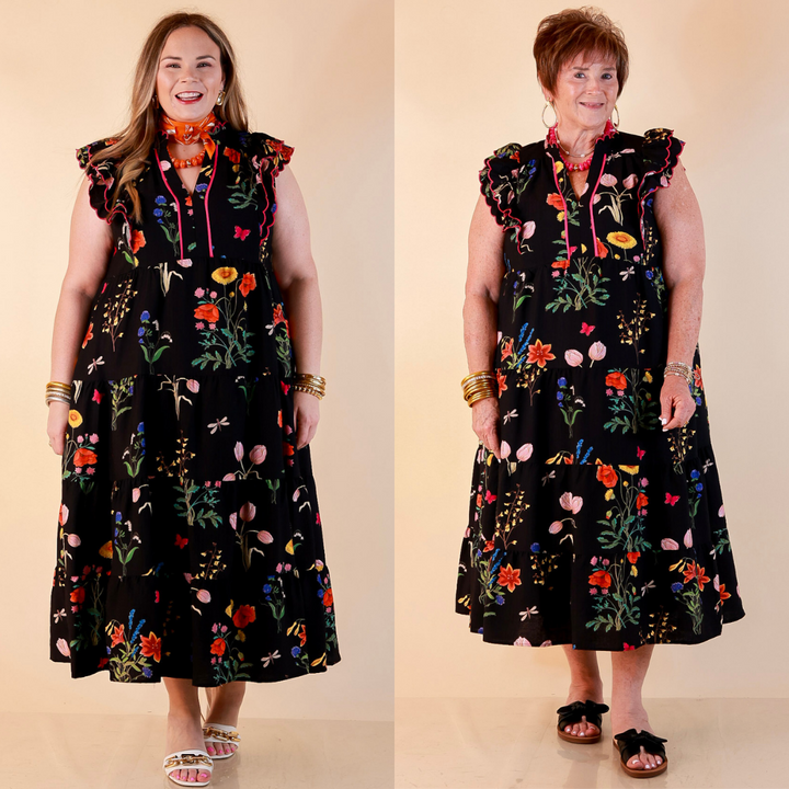 Flourishing Charm Floral Ruffle Cap Sleeve Tiered Midi Dress in Black