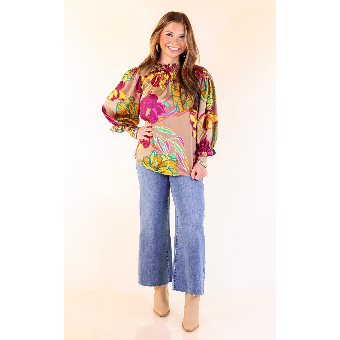 Follow Your Floral Long Sleeve Ruffle Mock Neck Top in Mocha