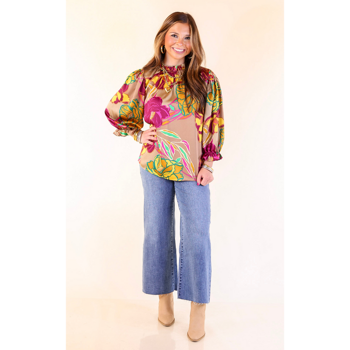 Follow Your Floral Long Sleeve Ruffle Mock Neck Top in Mocha