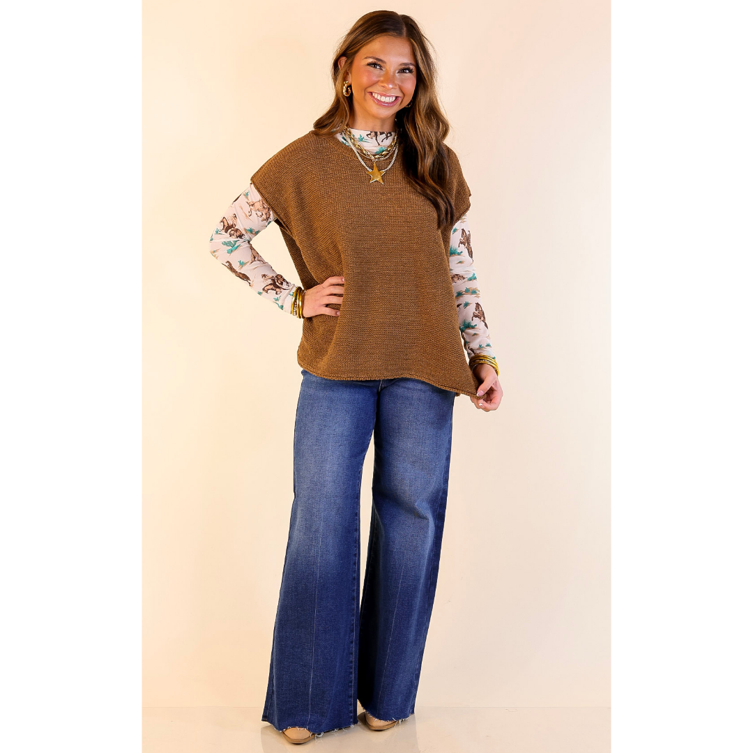 Forever Favorite Oversized Crew Neck Sweater Vest in Camel Brown