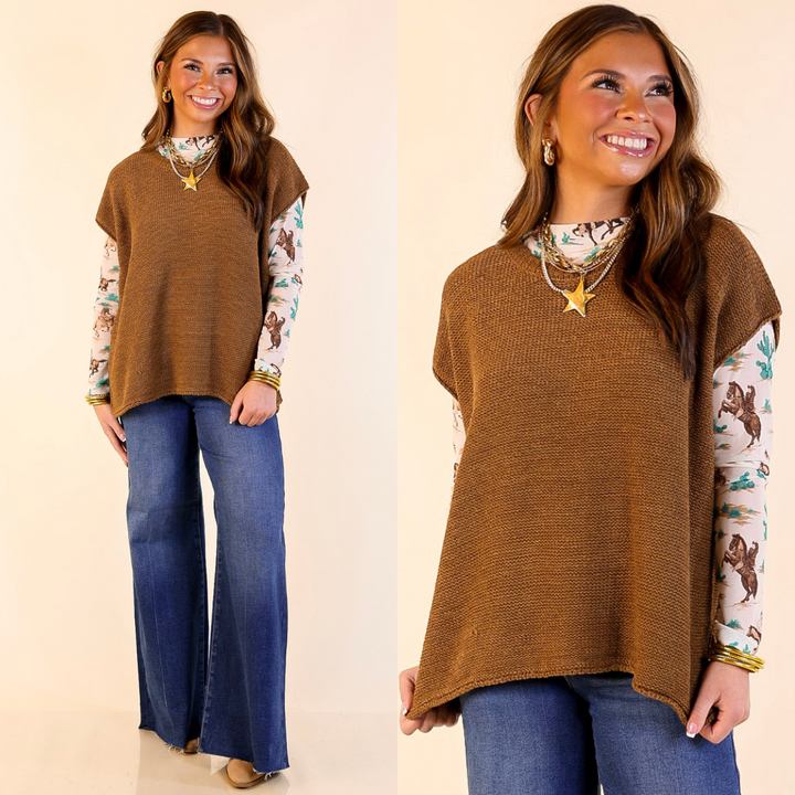 Forever Favorite Oversized Crew Neck Sweater Vest in Camel Brown