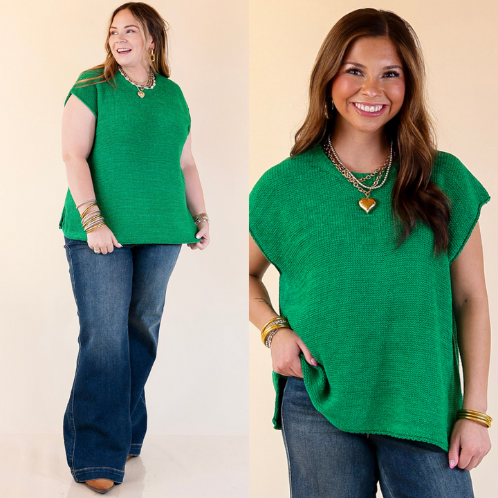 Woman wearing a green top and blue jeans on a beige background