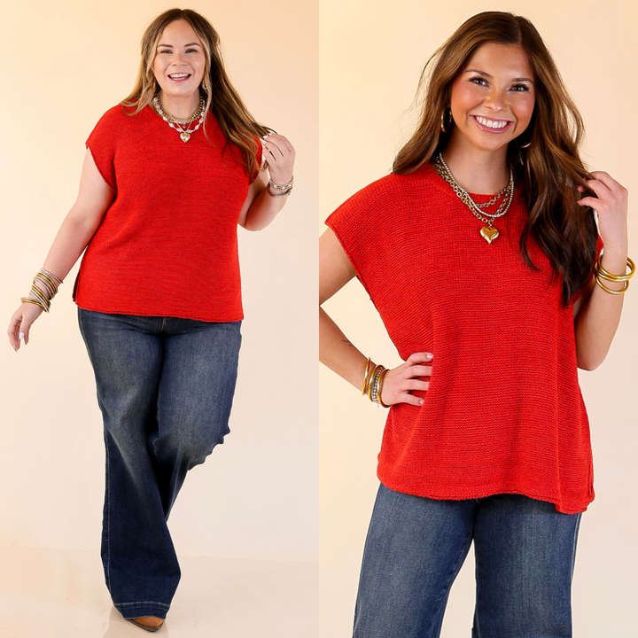 Two images of a woman wearing a red top and blue jeans against a beige background.