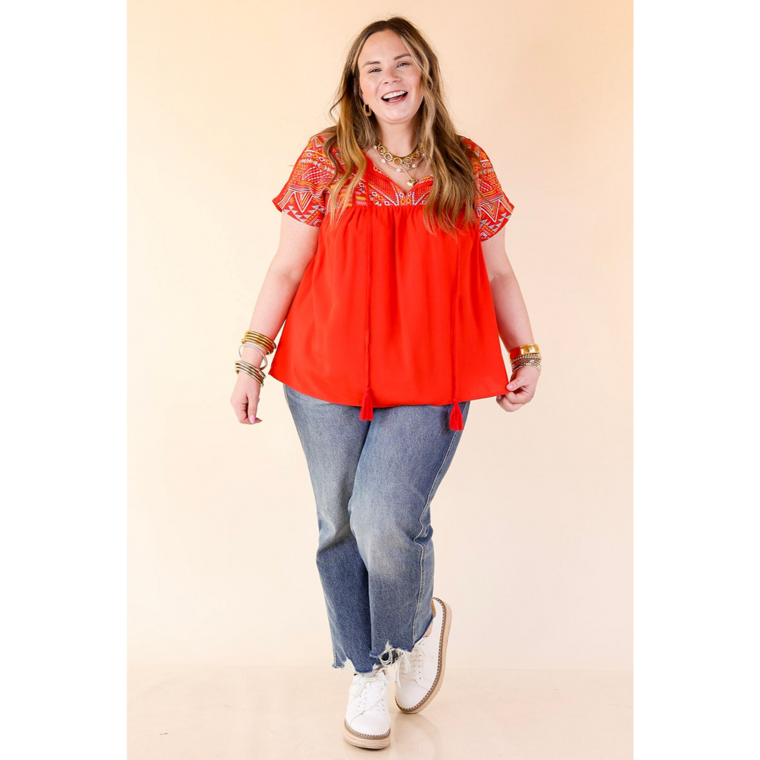 Forgotten Paradise Embroidered Top with Front Tie in Red