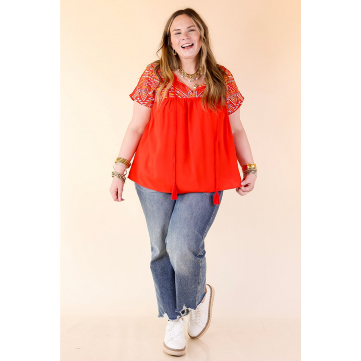 Forgotten Paradise Embroidered Top with Front Tie in Red