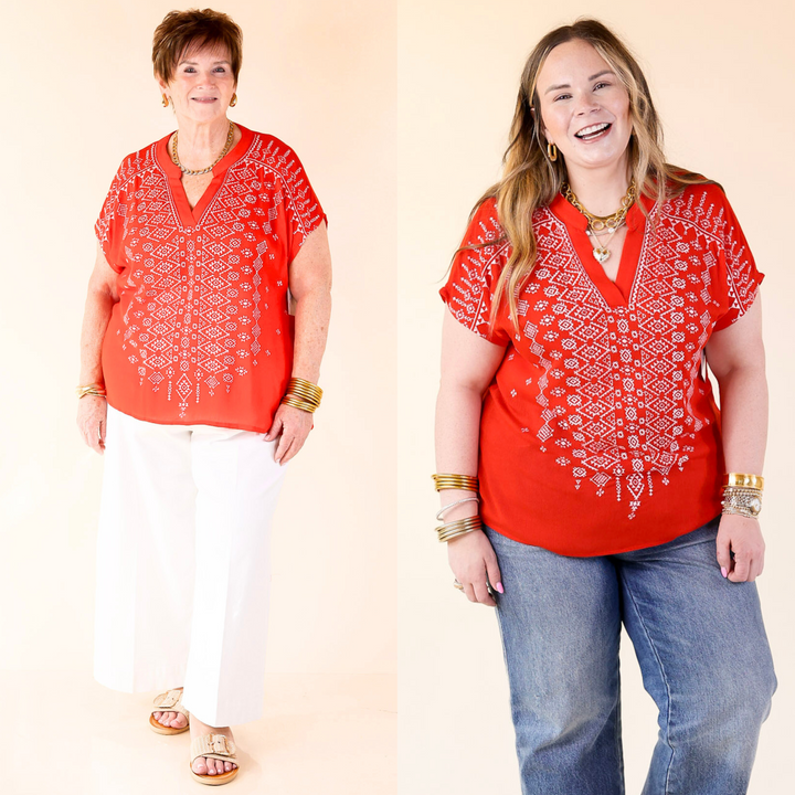 Top includes a v neckline, embroidered front, and short sleeves. Available in sizes small through plus size.