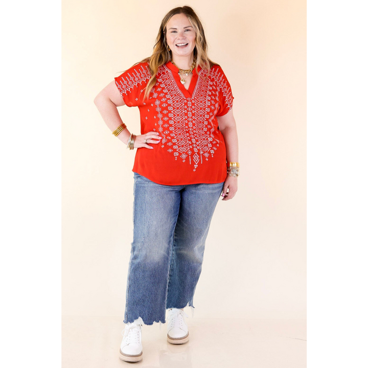 Fredericksburg Feeling Embroidered Short Sleeve Notched Neck Top in Red