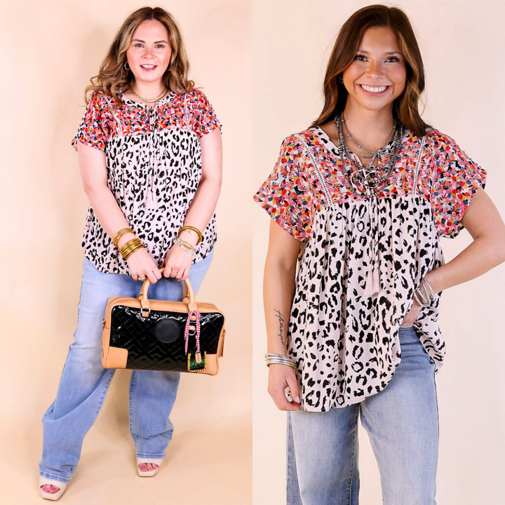 Fredericksburg In the Spring Leopard Print Embroidered Top with Front Keyhole in Blush Pink