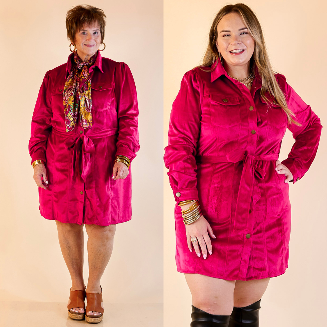 Two women wearing a suede button up dress in fuchsia pink against a beige background