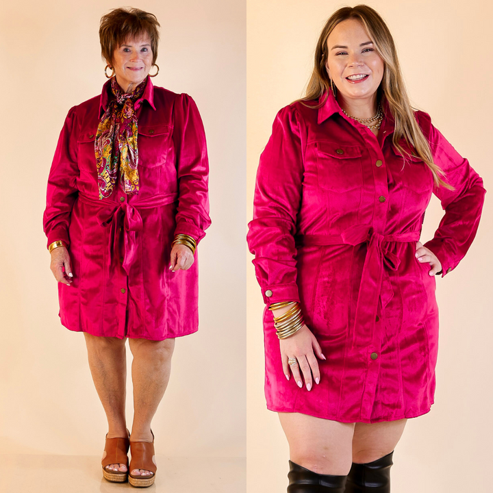 Two women wearing a suede button up dress in fuchsia pink against a beige background