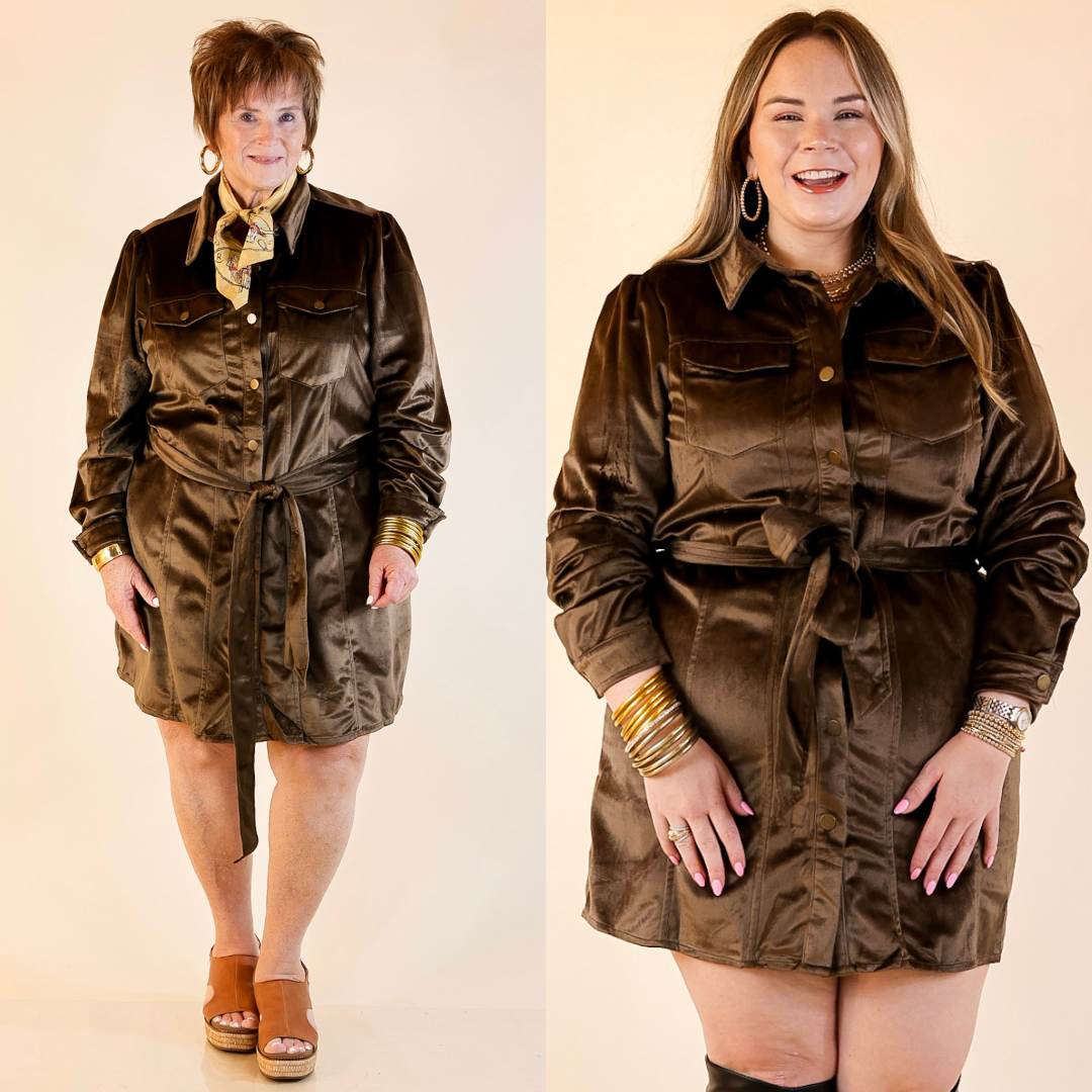 Two women wearing a suede button up dress in olive green against a beige background